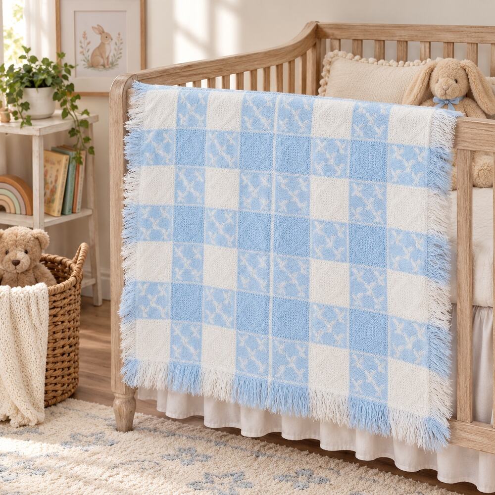 Vintage BabyCrest Blue White Baby Blanket Thermal Waffle Weave Fringe 39x37